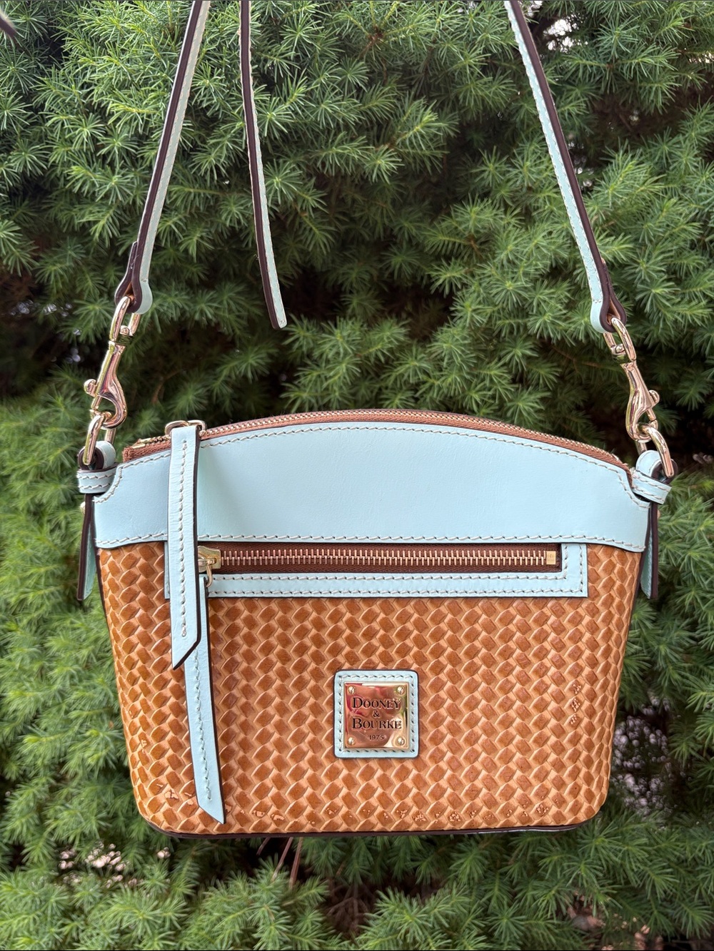 Dooney & Bourke Tan Woven Crossbody with Light Mint  Trim